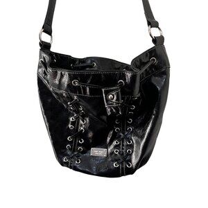 Nine West Black Patent Leather Adjustable Strap Shoulder Bag With Silver Hardwar